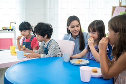 A group of cheerful small school kids in canteen, eating lunch. Stock Photo  by ©halfpoint 298162064