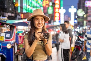 Asian woman travel Bangkok, Thailand, Chinatown street market(Yaowarat)