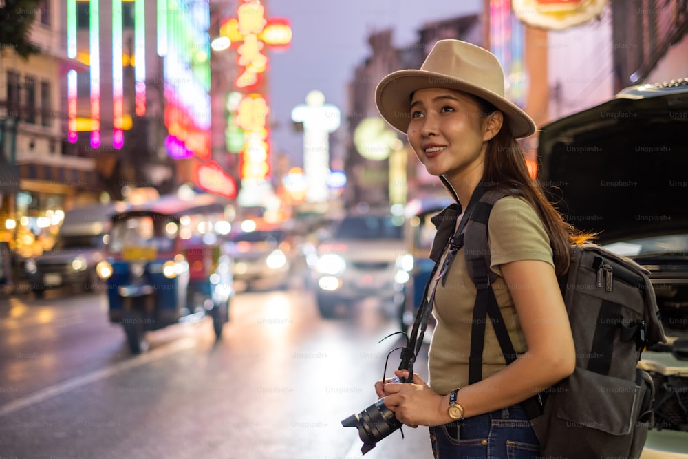 Asian woman travel Bangkok, Thailand, Chinatown street market(Yaowarat)