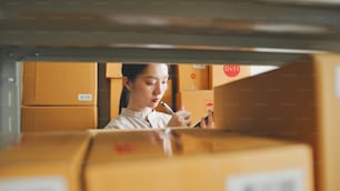 オンラインストアの倉庫で働くアジアの女性は、棚の在庫在庫小包ボックス、オンラインeコマース小売中小企業のコンセプトをチェックしています