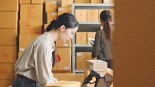 Mujer asiática que trabaja en el almacén de la tienda en línea, utilizando el lector de código de barras que verifica la caja del paquete del cliente, concepto de pequeña empresa minorista de comercio electrónico en línea