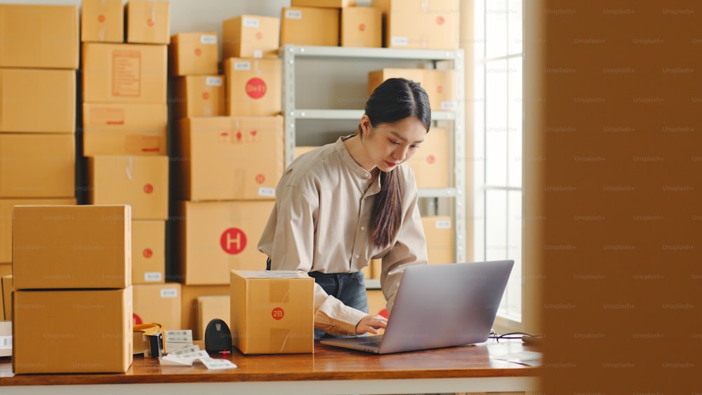Asian woman working at online store warehouse using laptop computer over parcel boxes on shelves, online e-commerce retail small business concept
