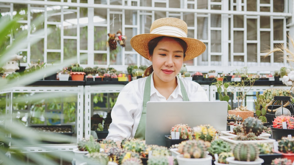 Young Asian woman SME small business entrepreneur using laptop computer for getting order and selling cactus e-commerce at cactus farm