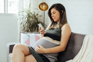 Young pregnant woman using smartphone sitting on sofa at home
