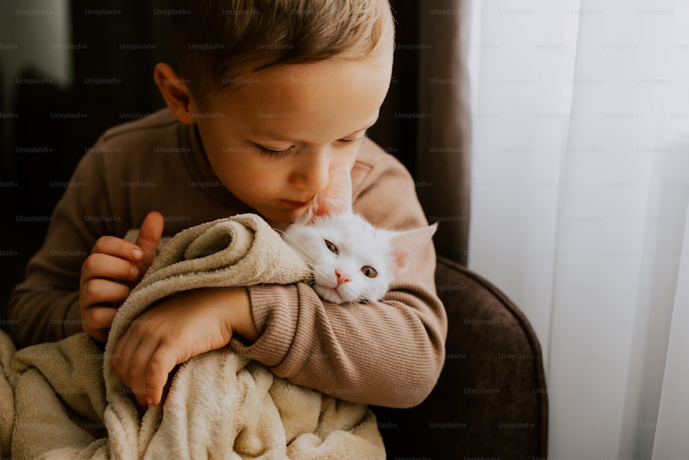 a little boy that is holding a cat