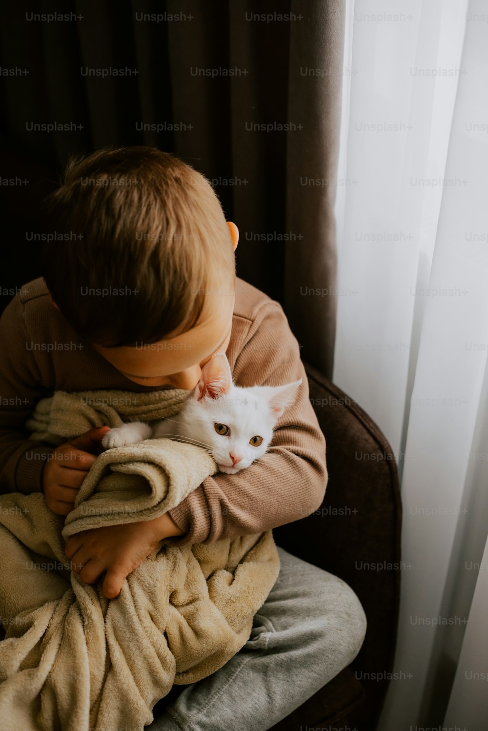 a young boy holding a white cat on top of a blanket