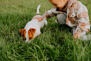 a little boy playing with a dog in the grass