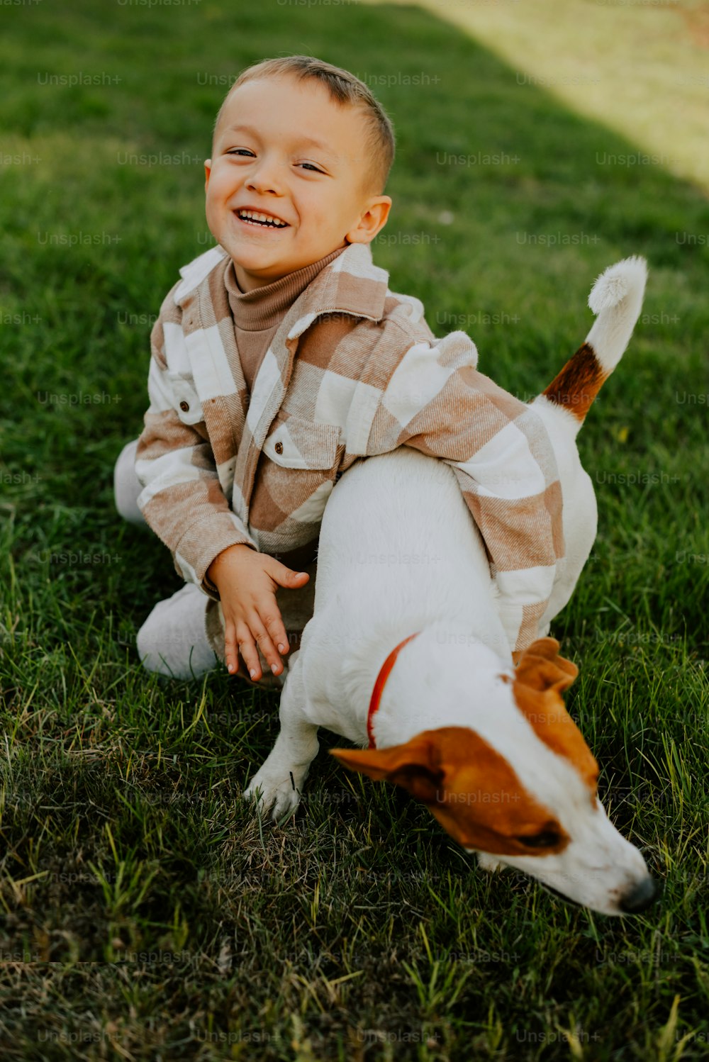 a little boy that is sitting in the grass with a dog