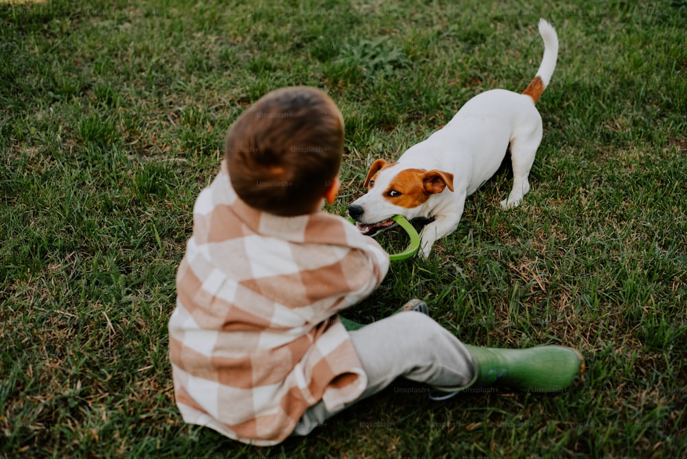 풀밭에서 개와 놀고 있는 어린 소년
