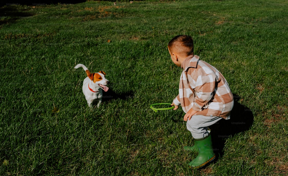 草むらで犬と遊ぶ小さな男の子