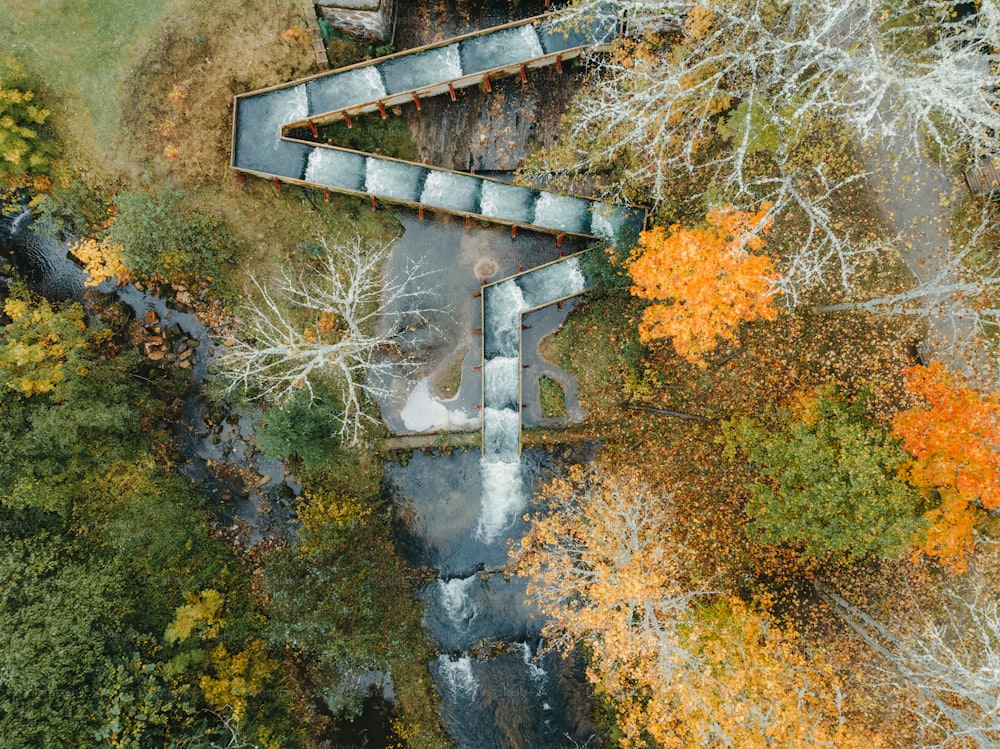 an aerial view of a path in the woods