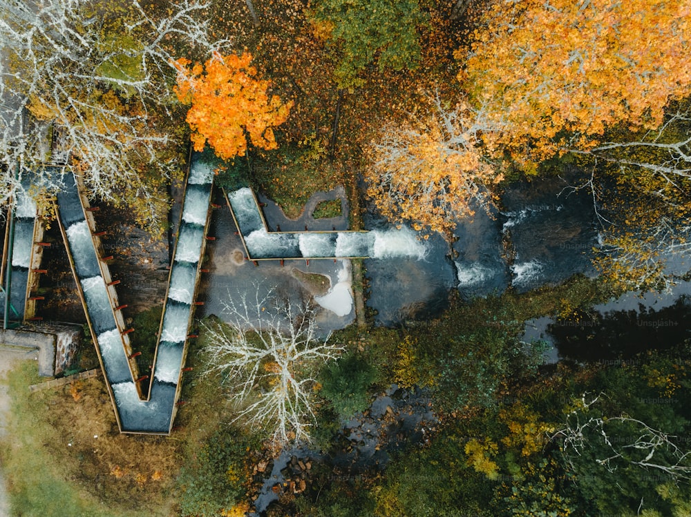 an aerial view of a park in the fall