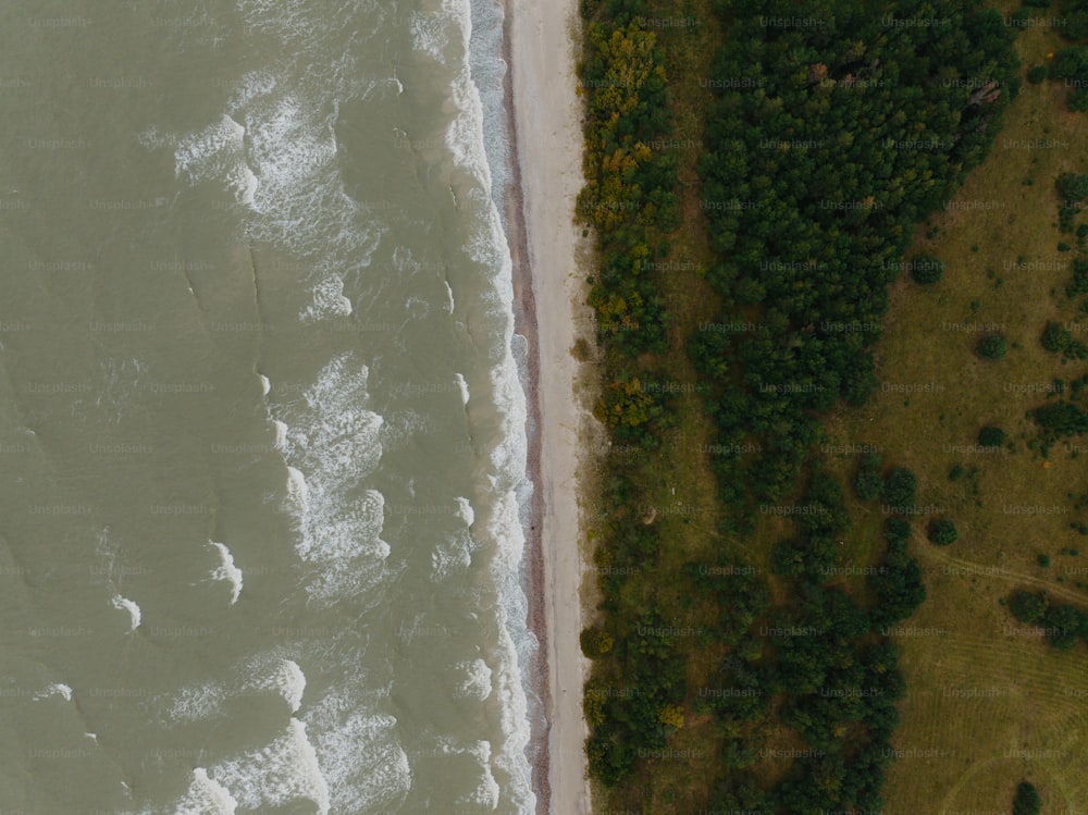 an aerial view of a beach and a grassy area