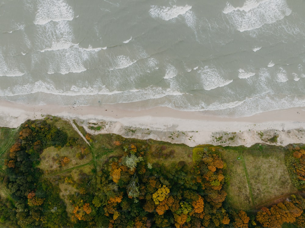 Ein Blick aus der Vogelperspektive auf einen Strand und ein Gewässer