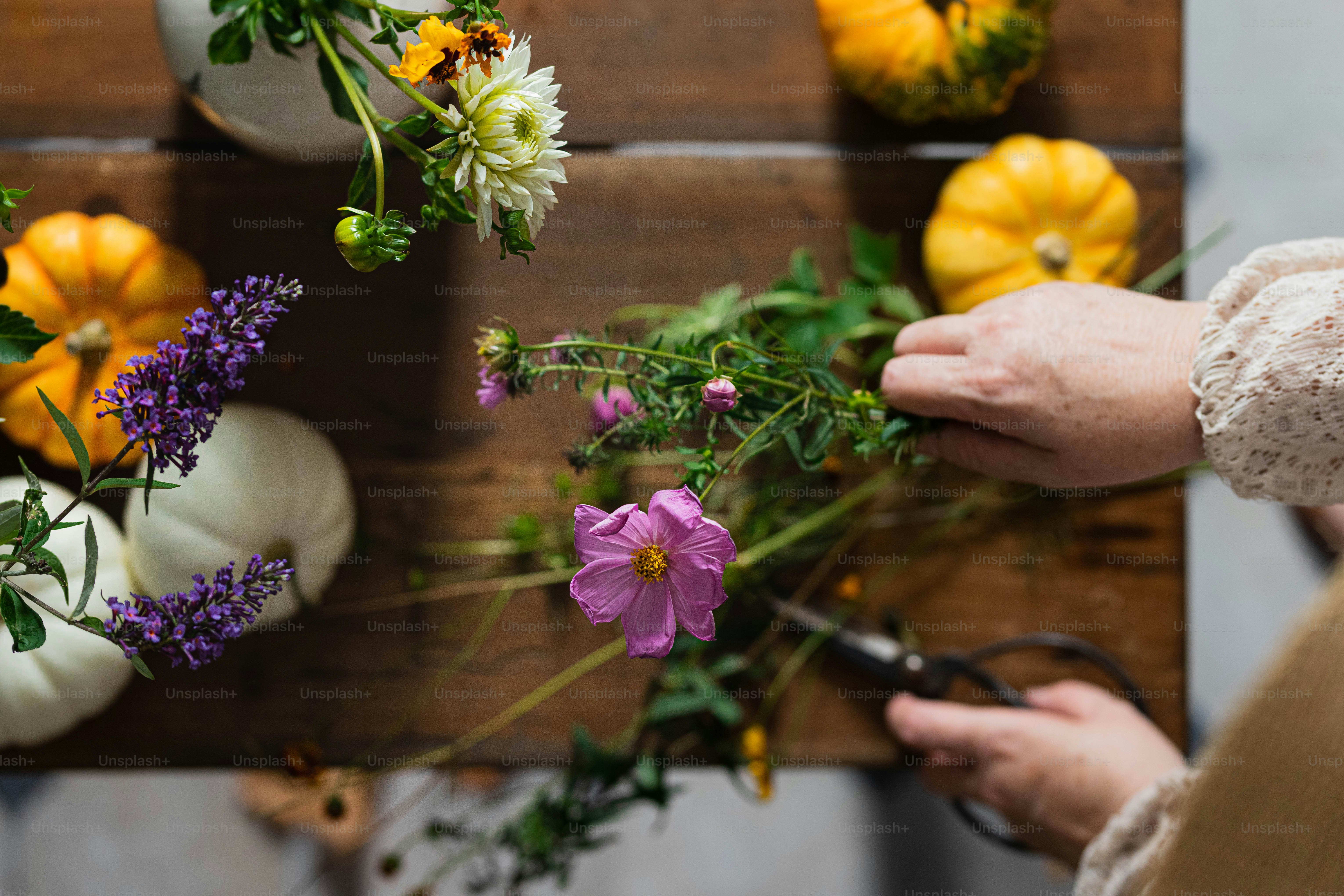 a person cutting flowers with a pair of scissors