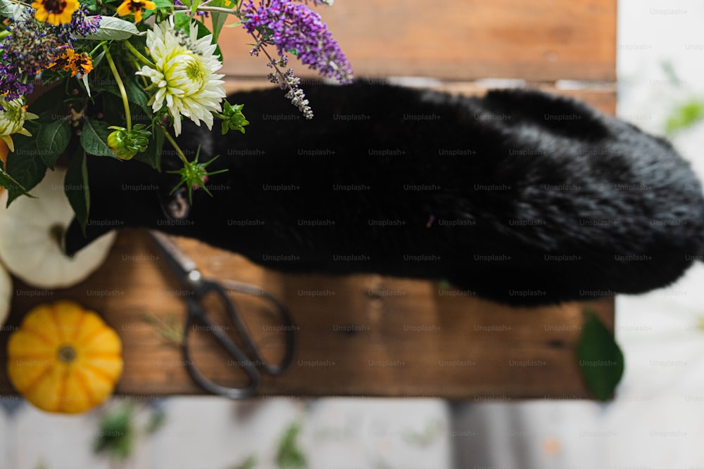 검은 고양이가 꽃다발 옆에 있는 나무 탁자 위에 누워 있다