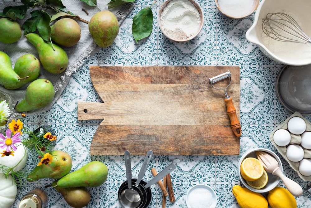 a cutting board with a wooden sign on top of it