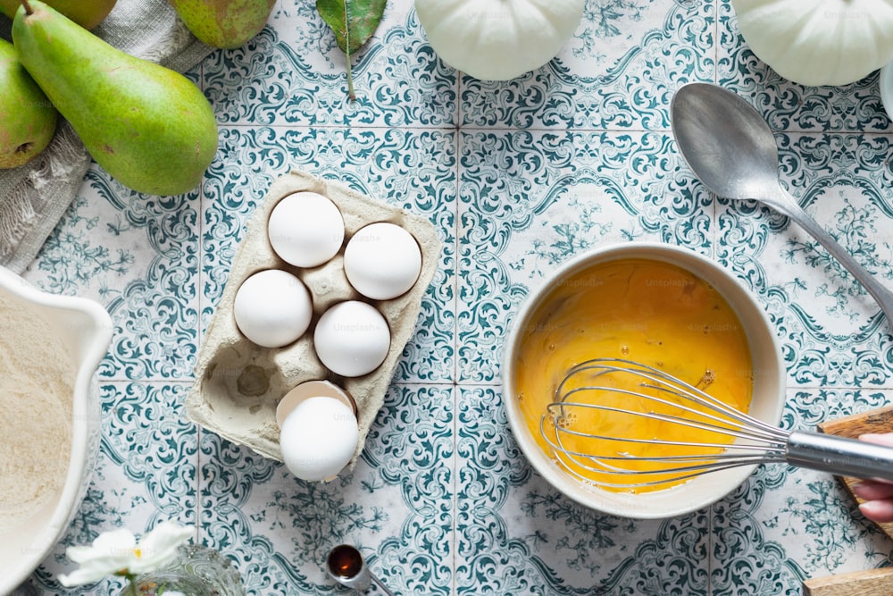 a person whisking eggs in a bowl with a whisk