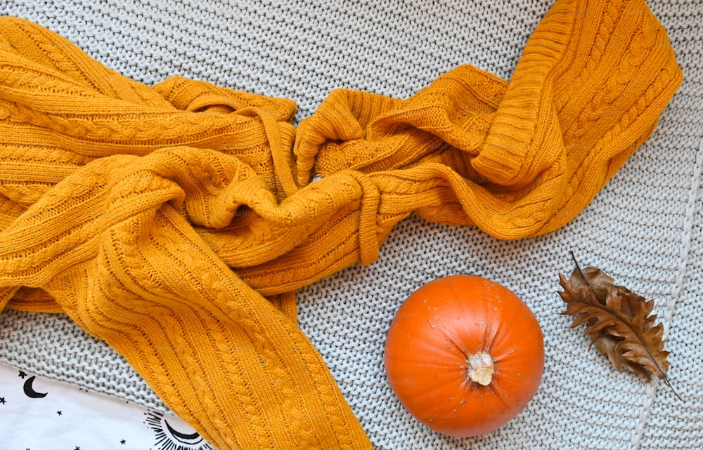 a pumpkin and a scarf on a couch