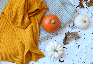 a blanket, pumpkins, and leaves on a table