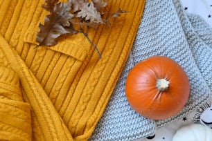 a pumpkin and a sweater on a blanket