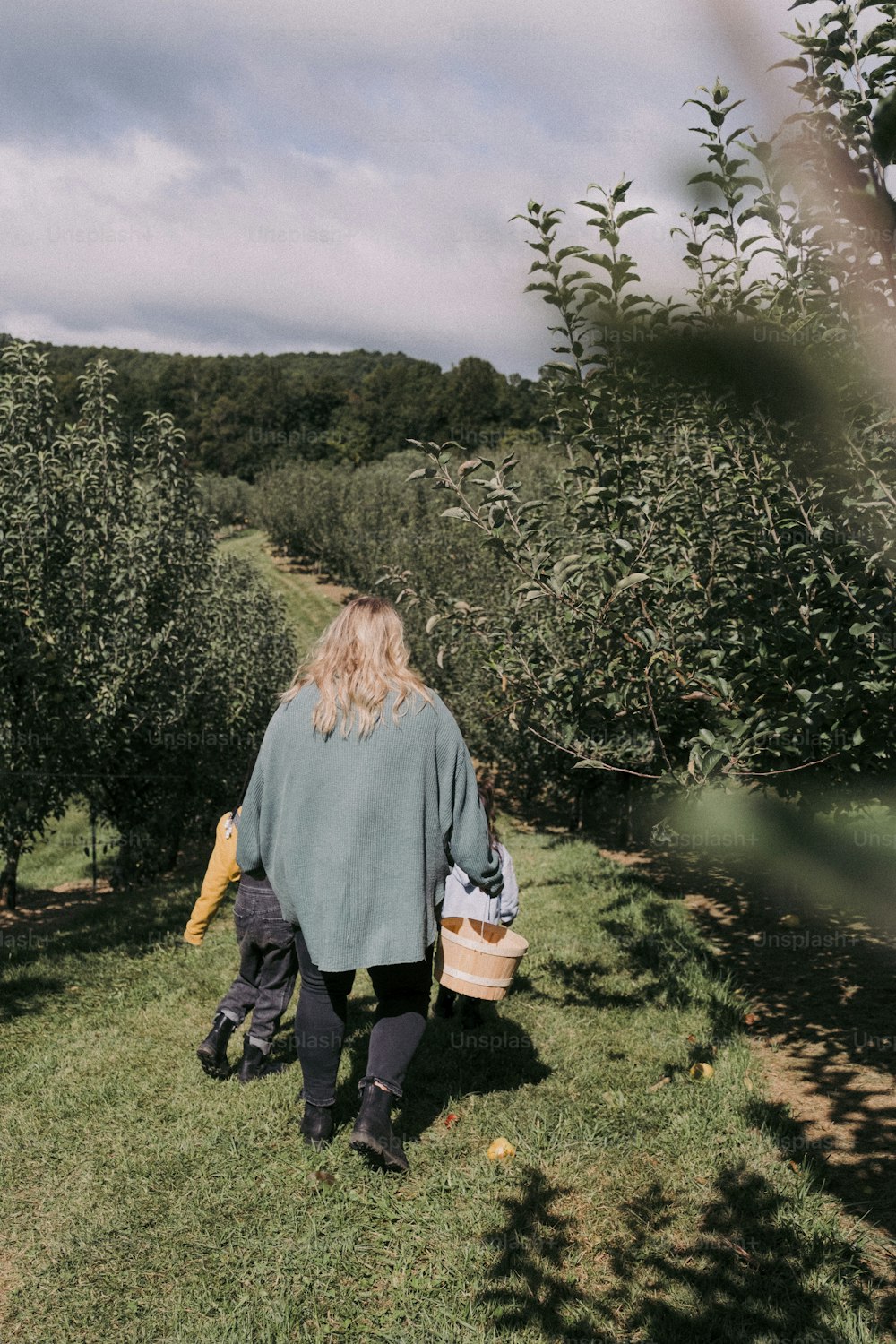 a woman walking through an apple orchard carrying a bucket