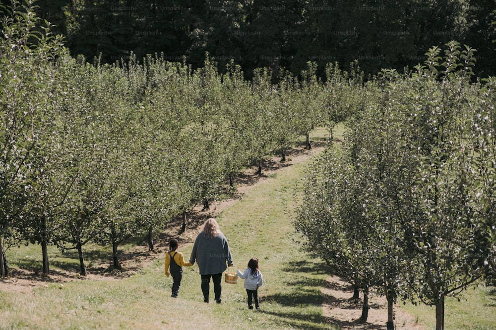a woman and child walking through an apple orchard
