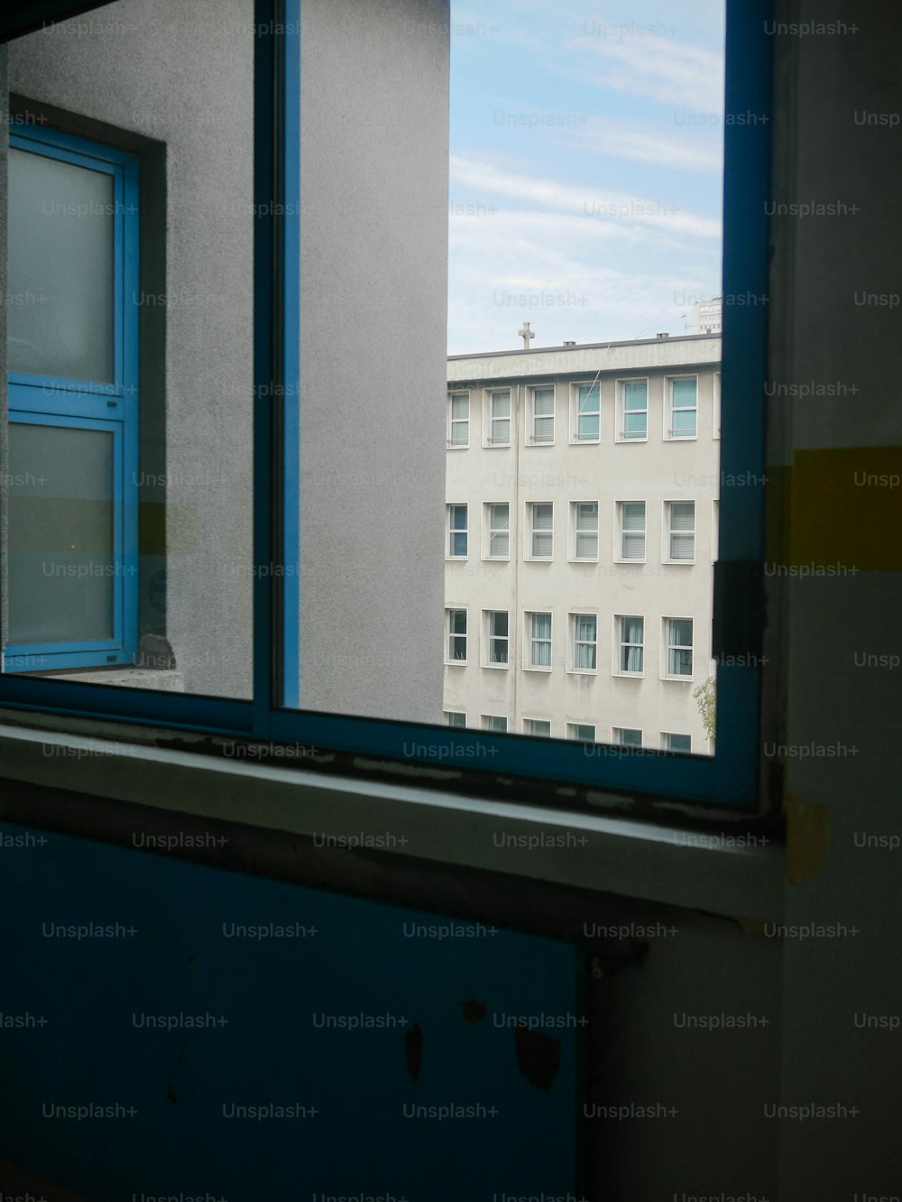 a view of a building through a window