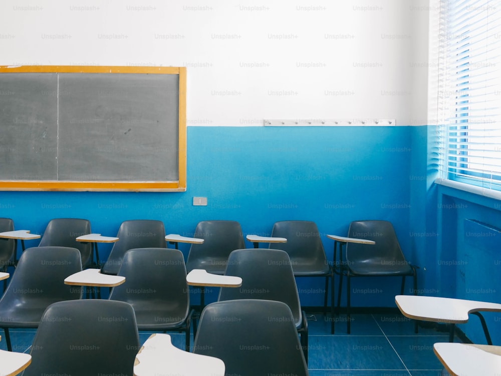 a classroom with blue walls and a chalkboard