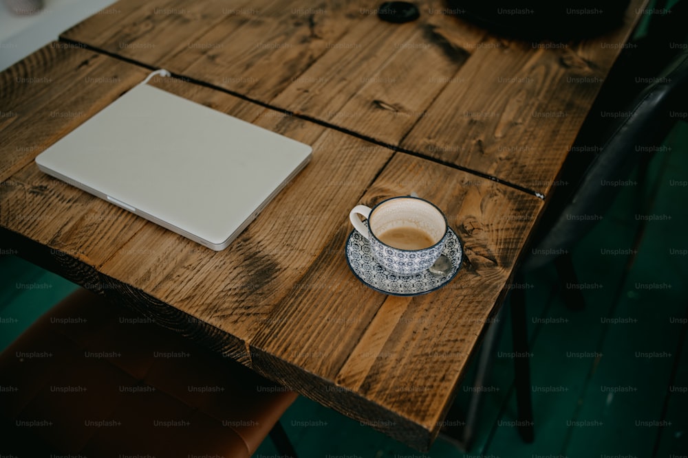a cup of coffee and a laptop on a wooden table