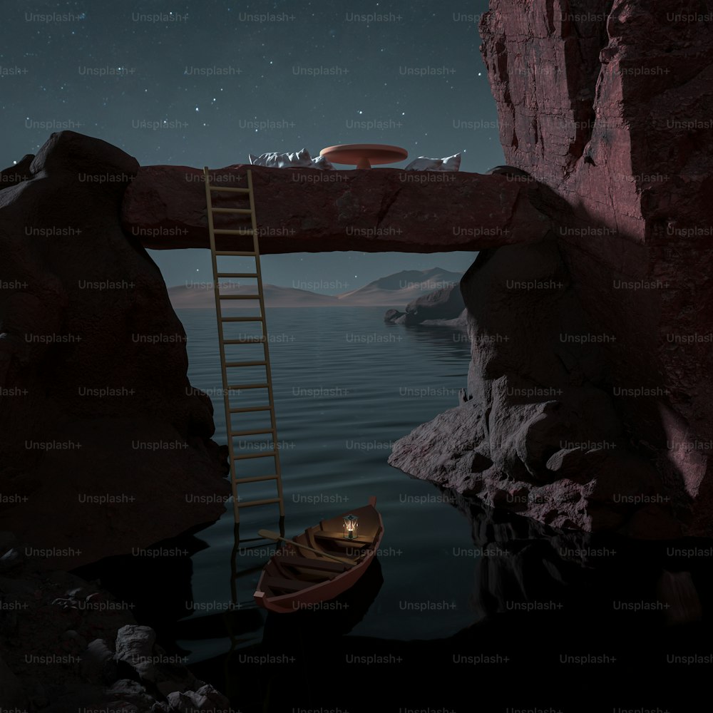 a ladder leading to a boat in a body of water