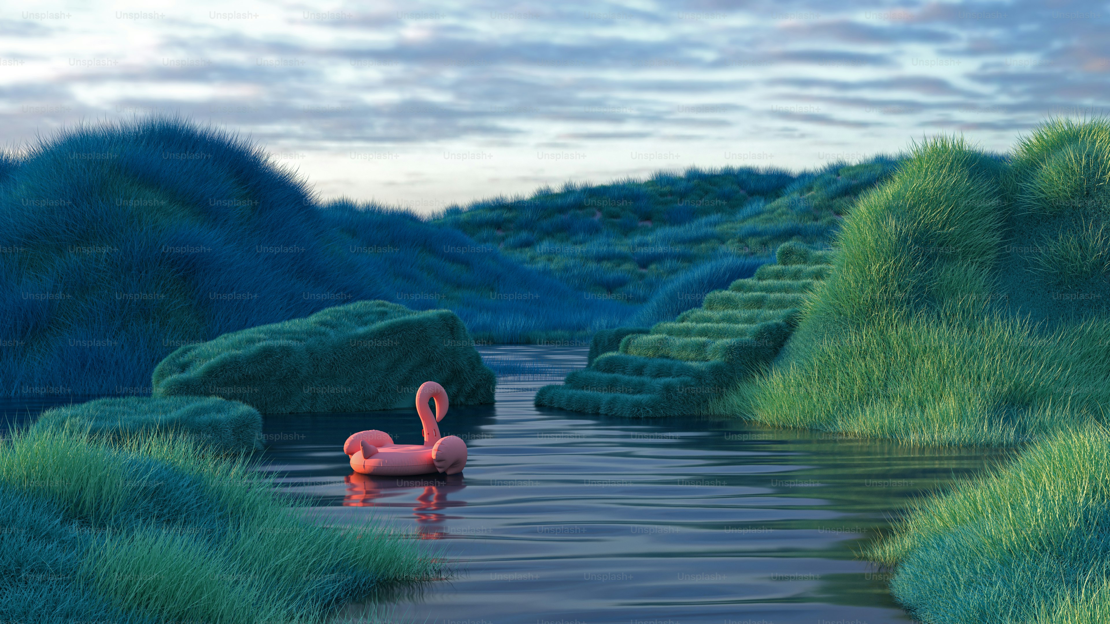 a pink flamingo floating on top of a body of water