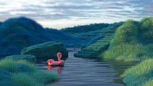 a pink flamingo floating on top of a body of water