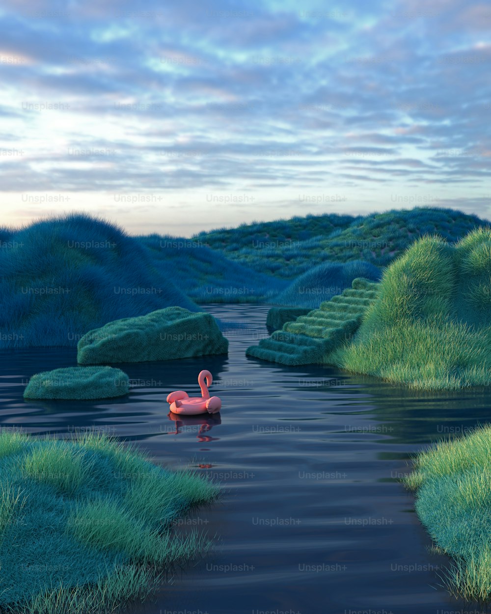 Eine rosa Ente, die auf einem Gewässer schwimmt