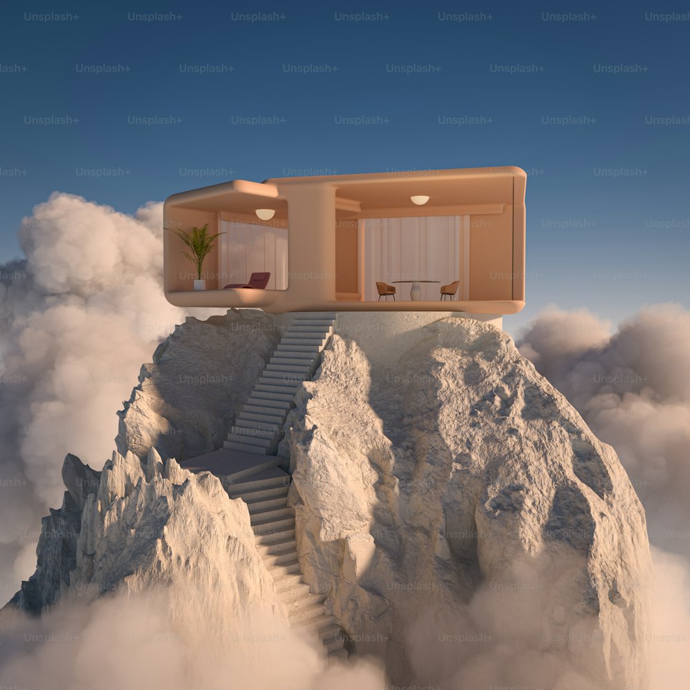 uma casa no topo de uma montanha cercada por nuvens