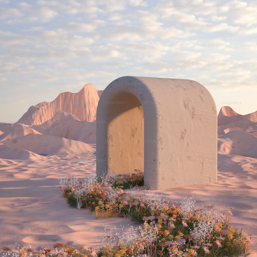 a desert scene with a stone arch and flowers