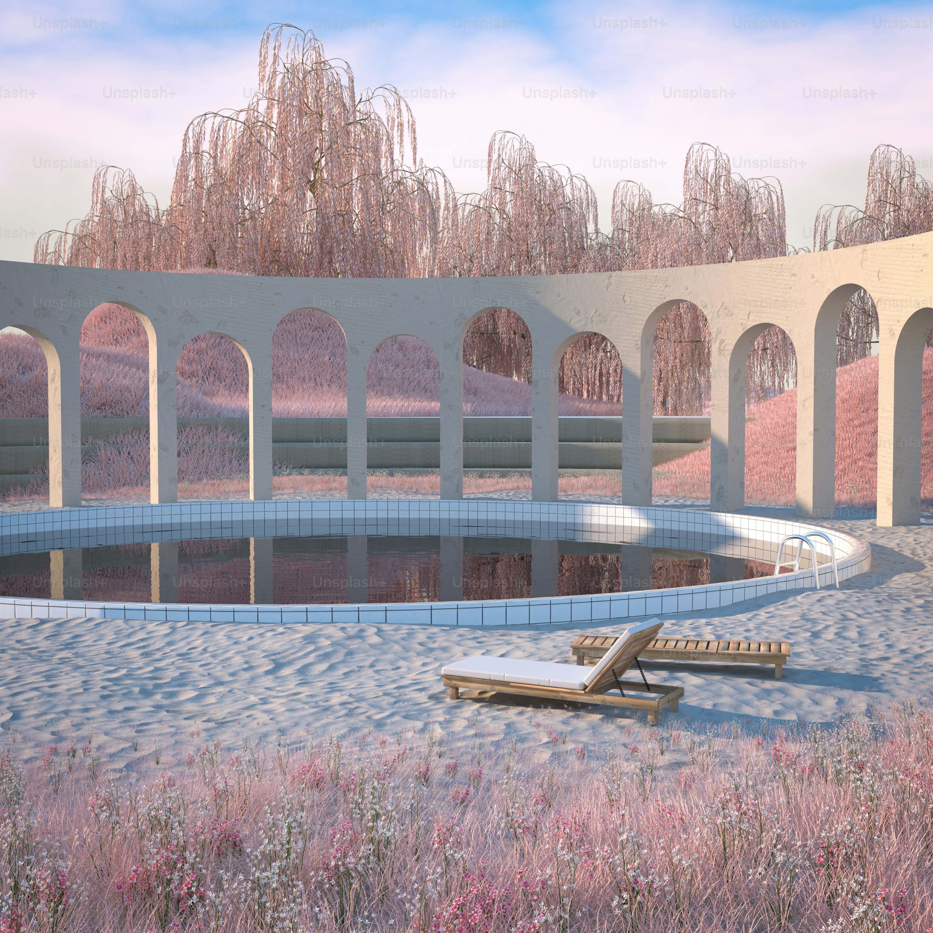 A rendering of a swimming pool with lounge chairs photo – 3d render ...