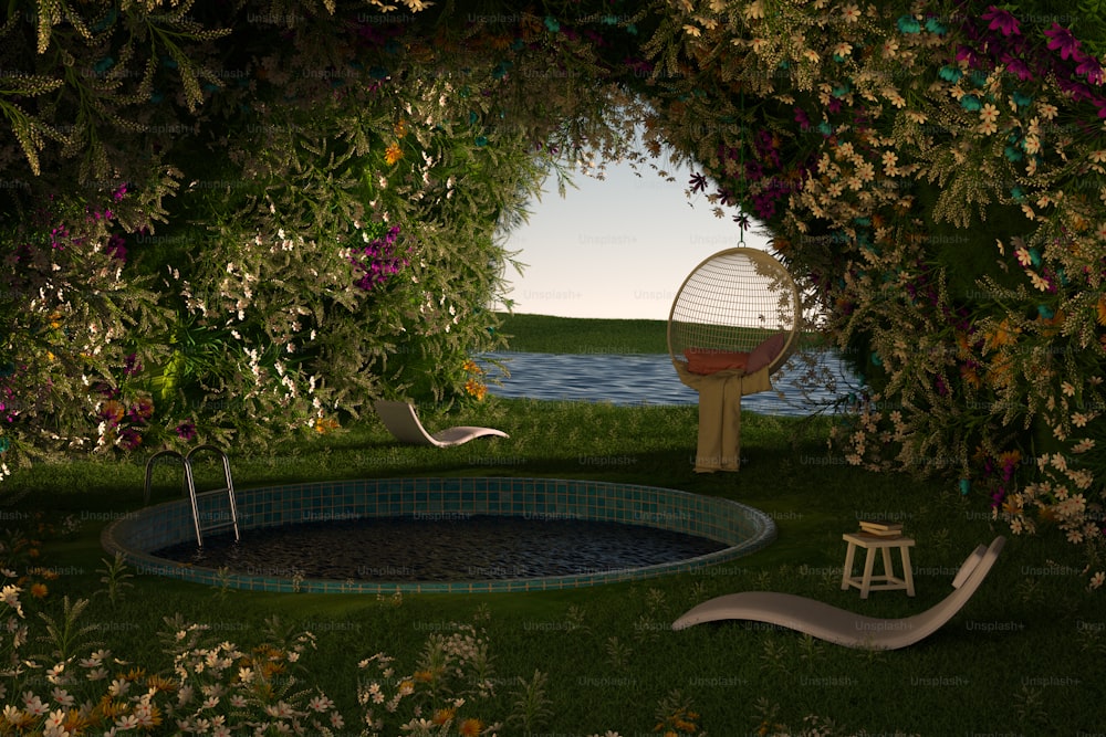 uma piscina rodeada por um campo verde exuberante ao lado de um corpo de água