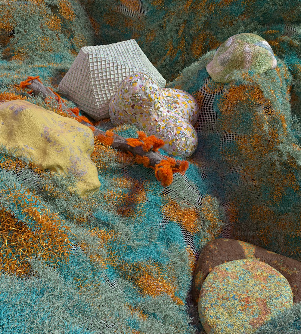 담요 위에 다양한 색깔의 돌 더미가 놓여 있다