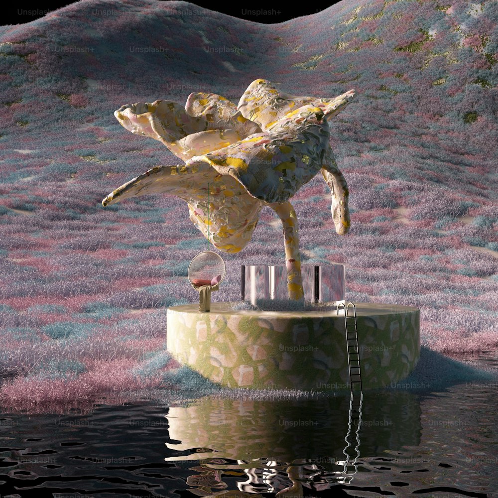 Una estatua de un hombre montando una tortuga encima de un cuerpo de agua