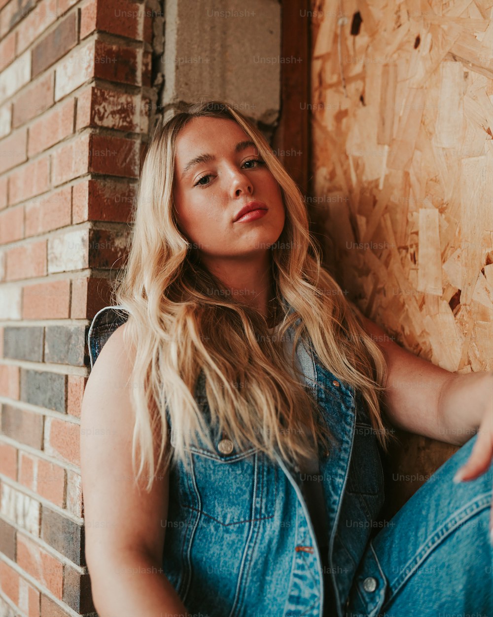 a woman leaning against a brick wall