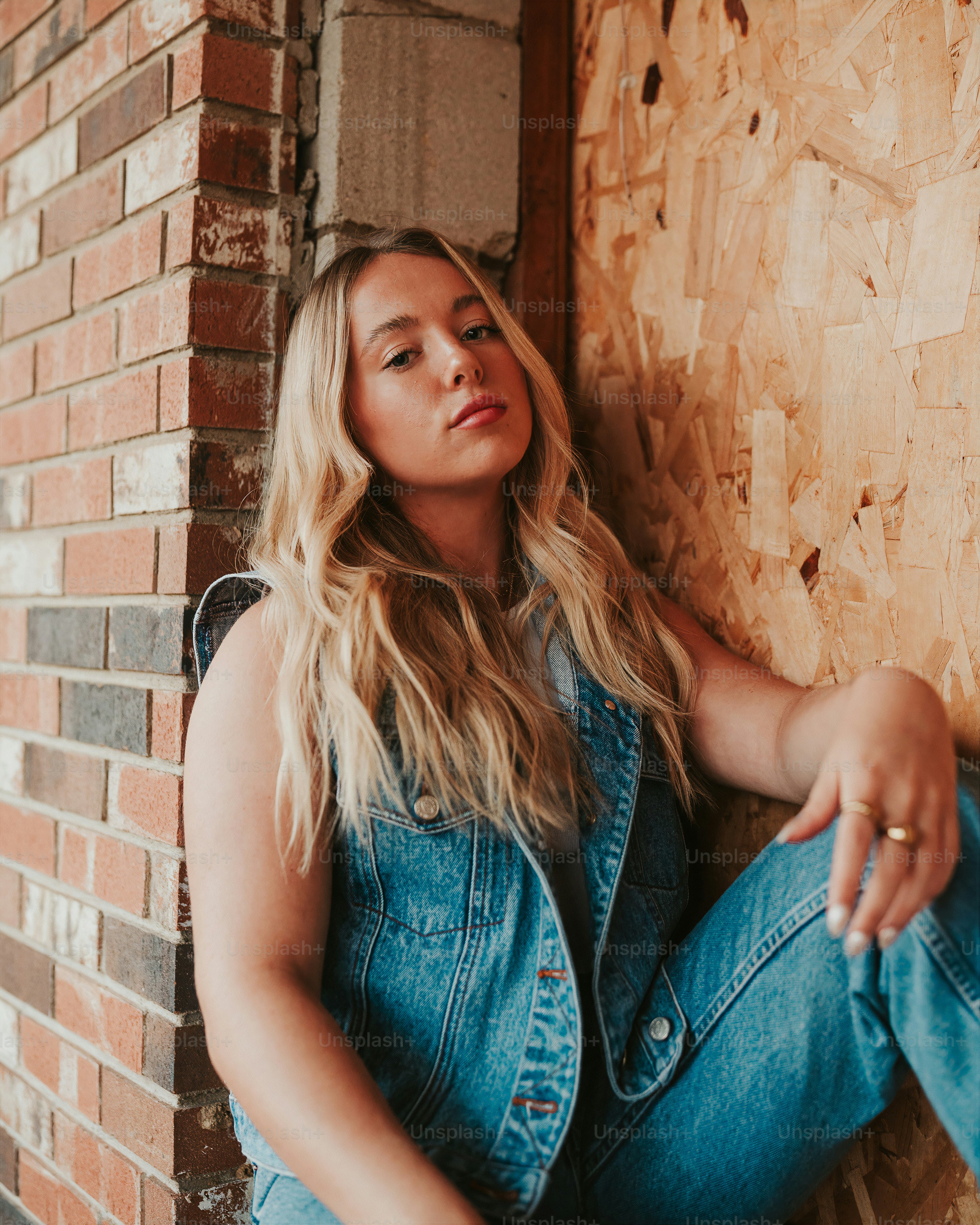 uma mulher sentada no chão ao lado de uma parede de tijolos