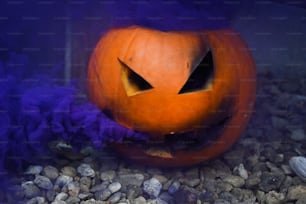 a pumpkin with a scary face on a bed of rocks
