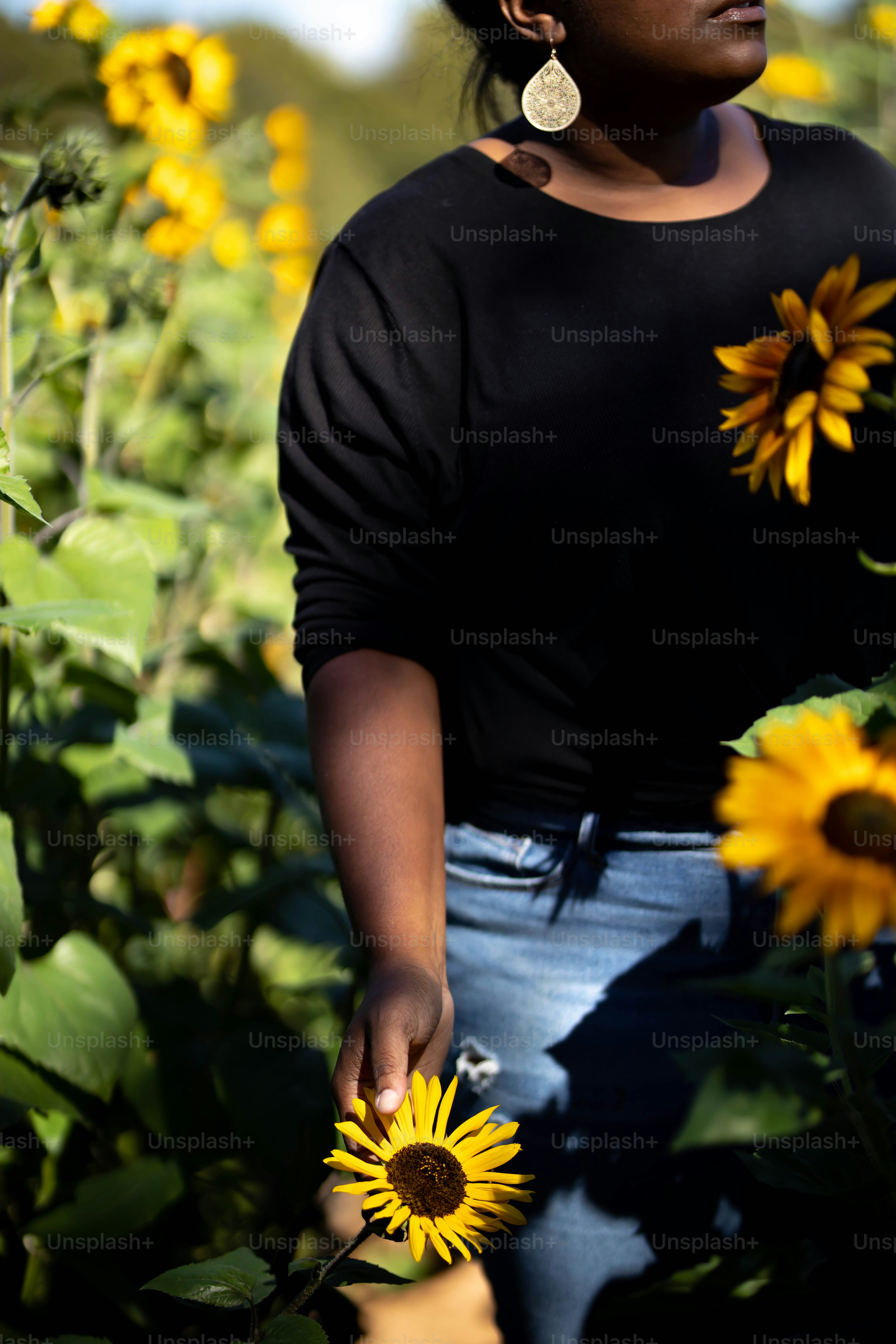 A woman standing in a field of sunflowers photo – Woman Image on Unsplash