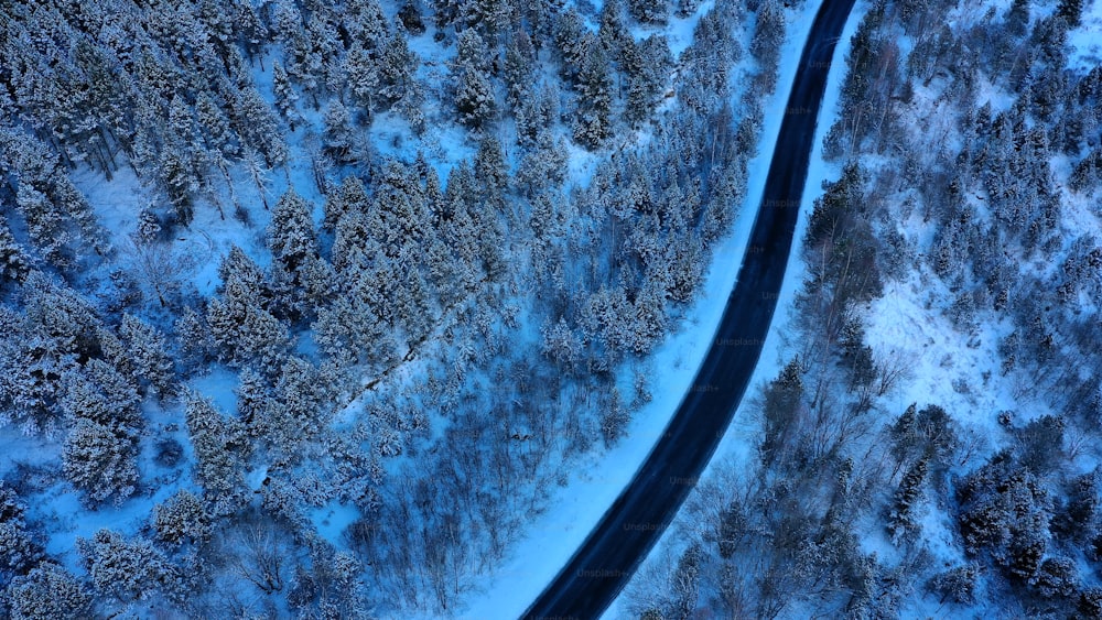 an aerial view of a road through a snowy forest