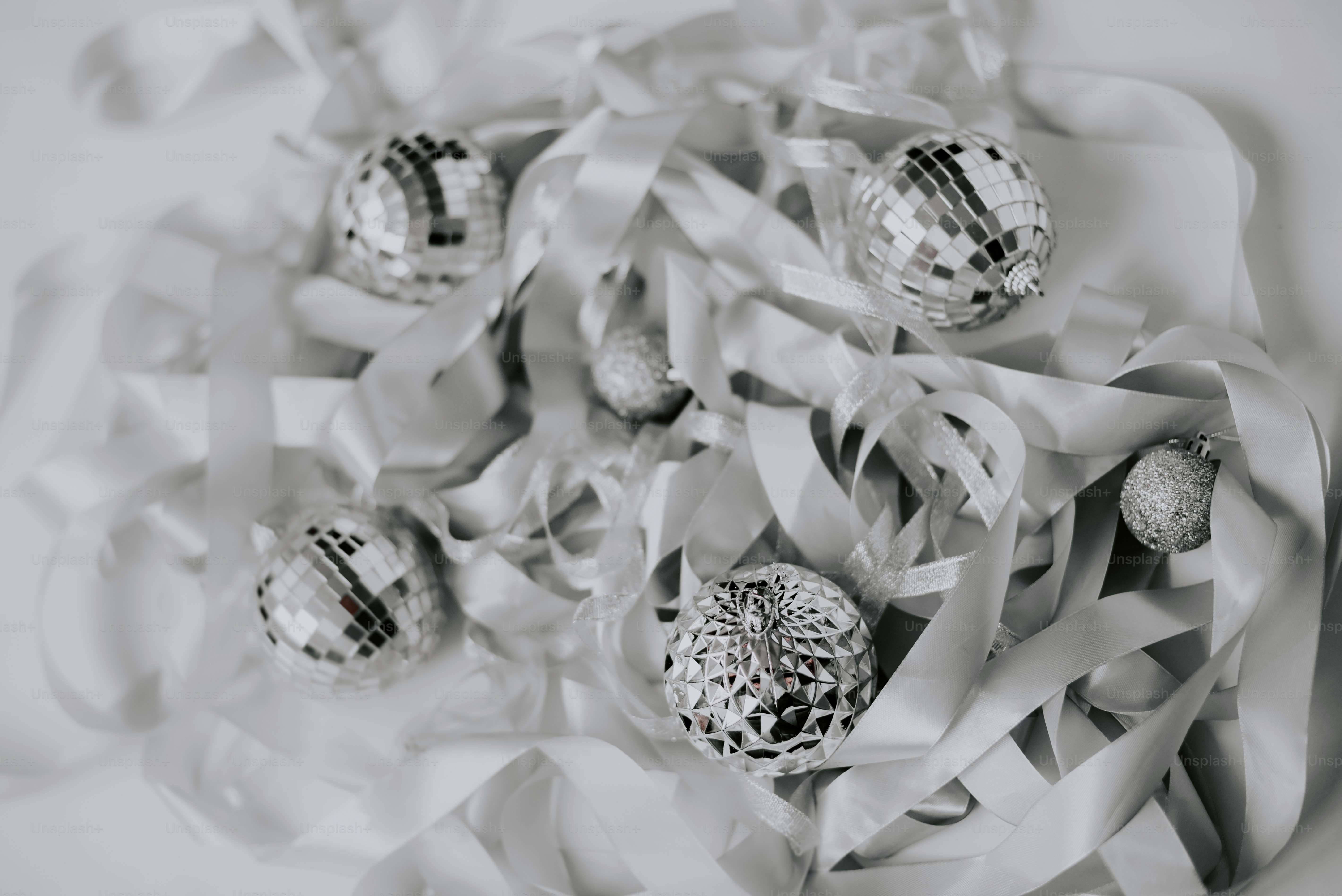 a black and white photo of a bunch of balls