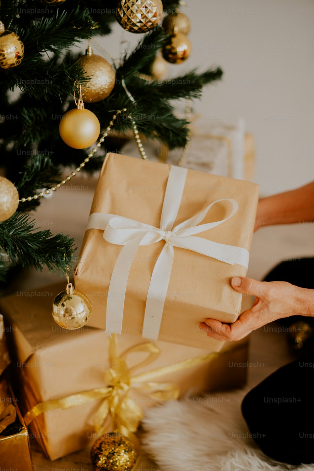 a person holding a wrapped present near a christmas tree