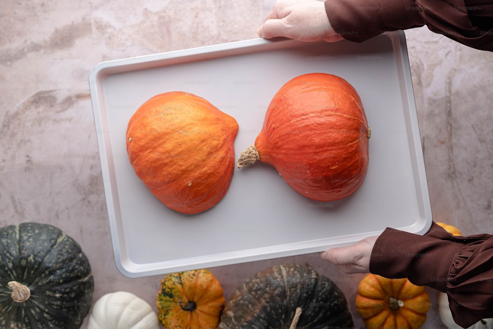 a person holding a tray with pumpkins on it