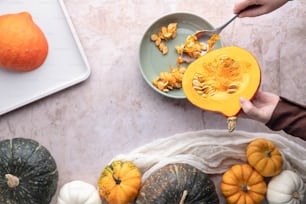 a person cutting up a pumpkin with a knife