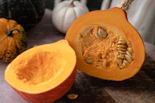 a close up of a pumpkin on a table